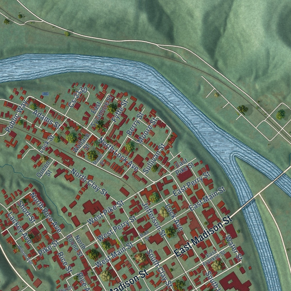 Close-up of the map of Louisa, Kentucky print showing street and building detail