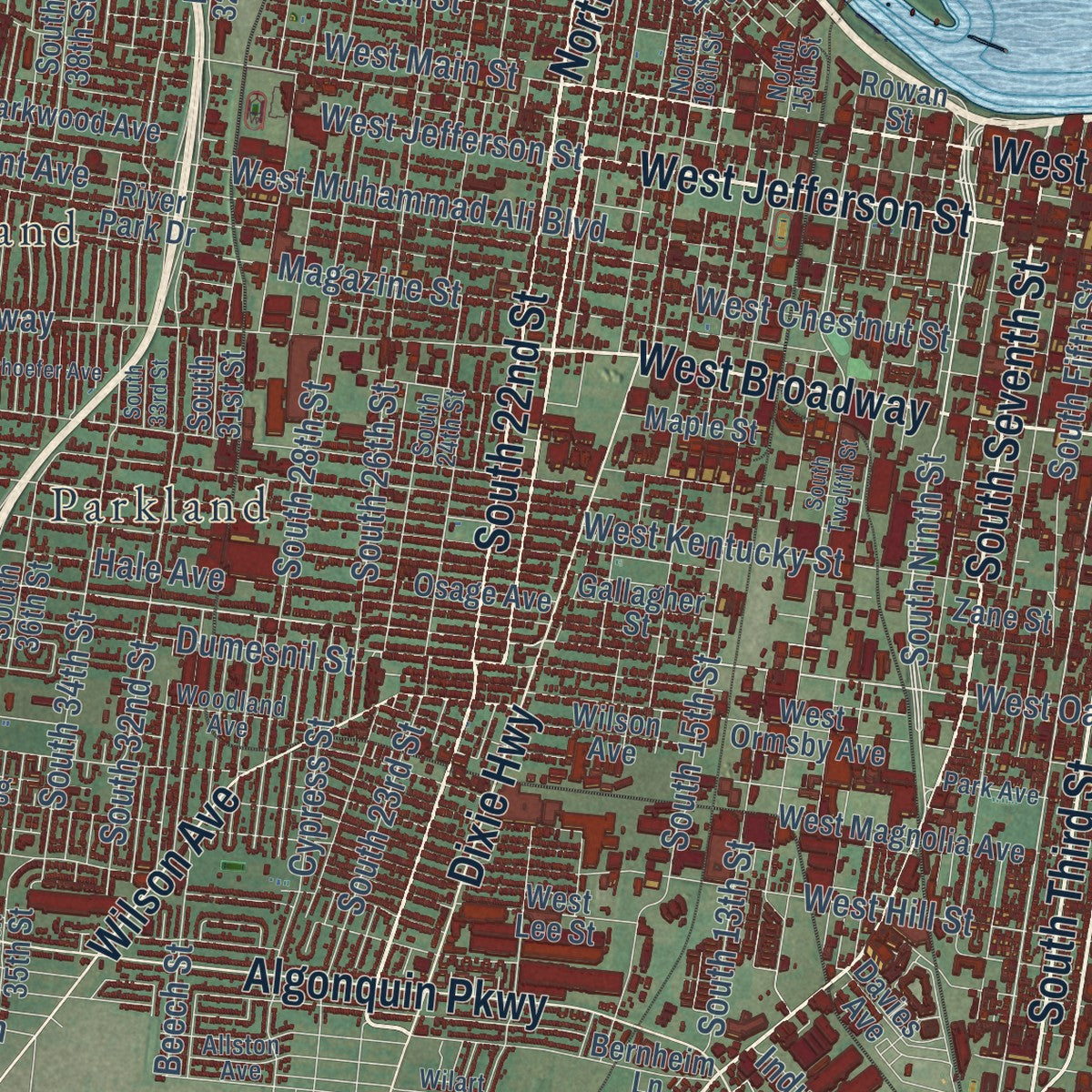 Close-up of the map of Louisville, Kentucky print showing street and building detail