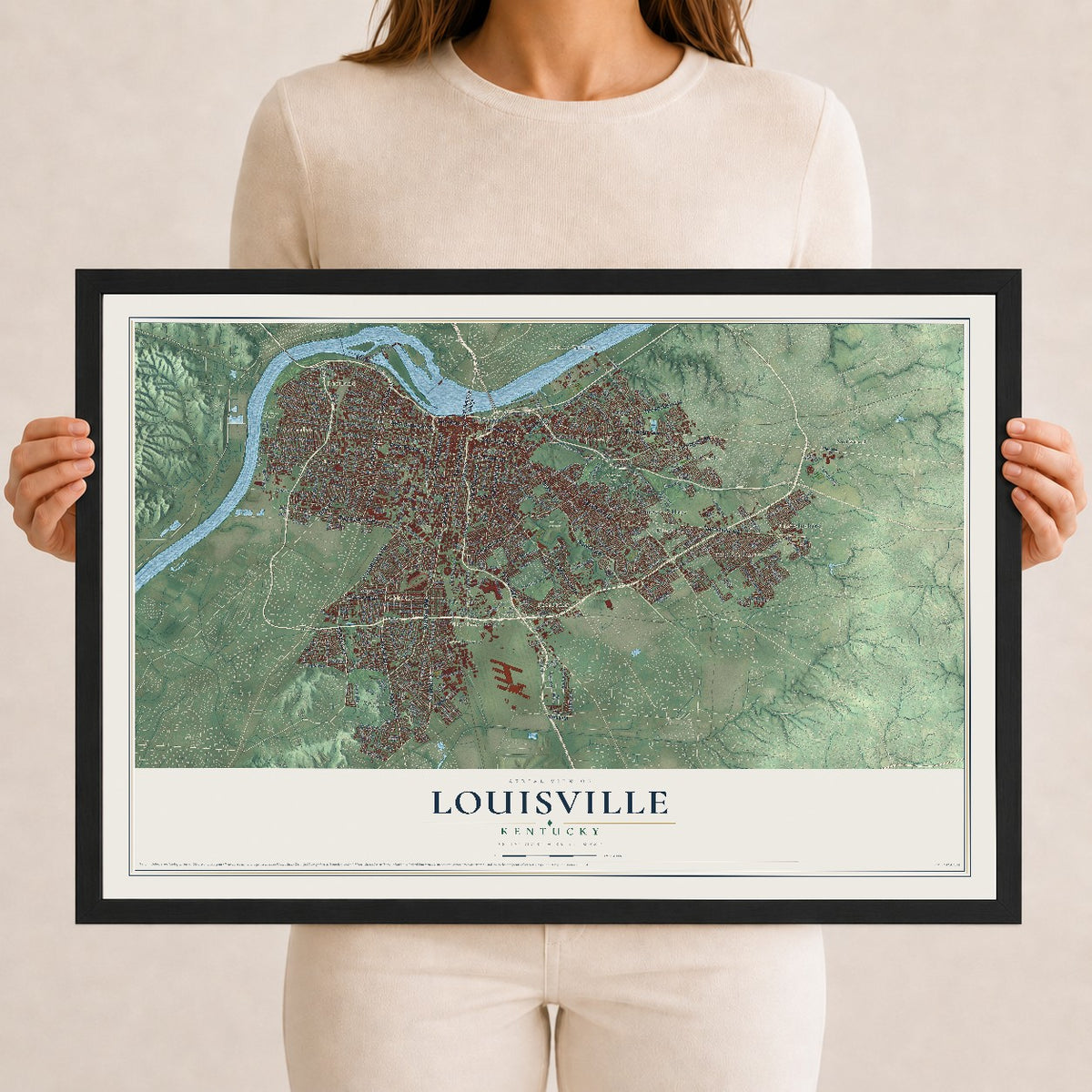 Map of Louisville, Kentucky, 12 x 18 inch print in a black wood frame