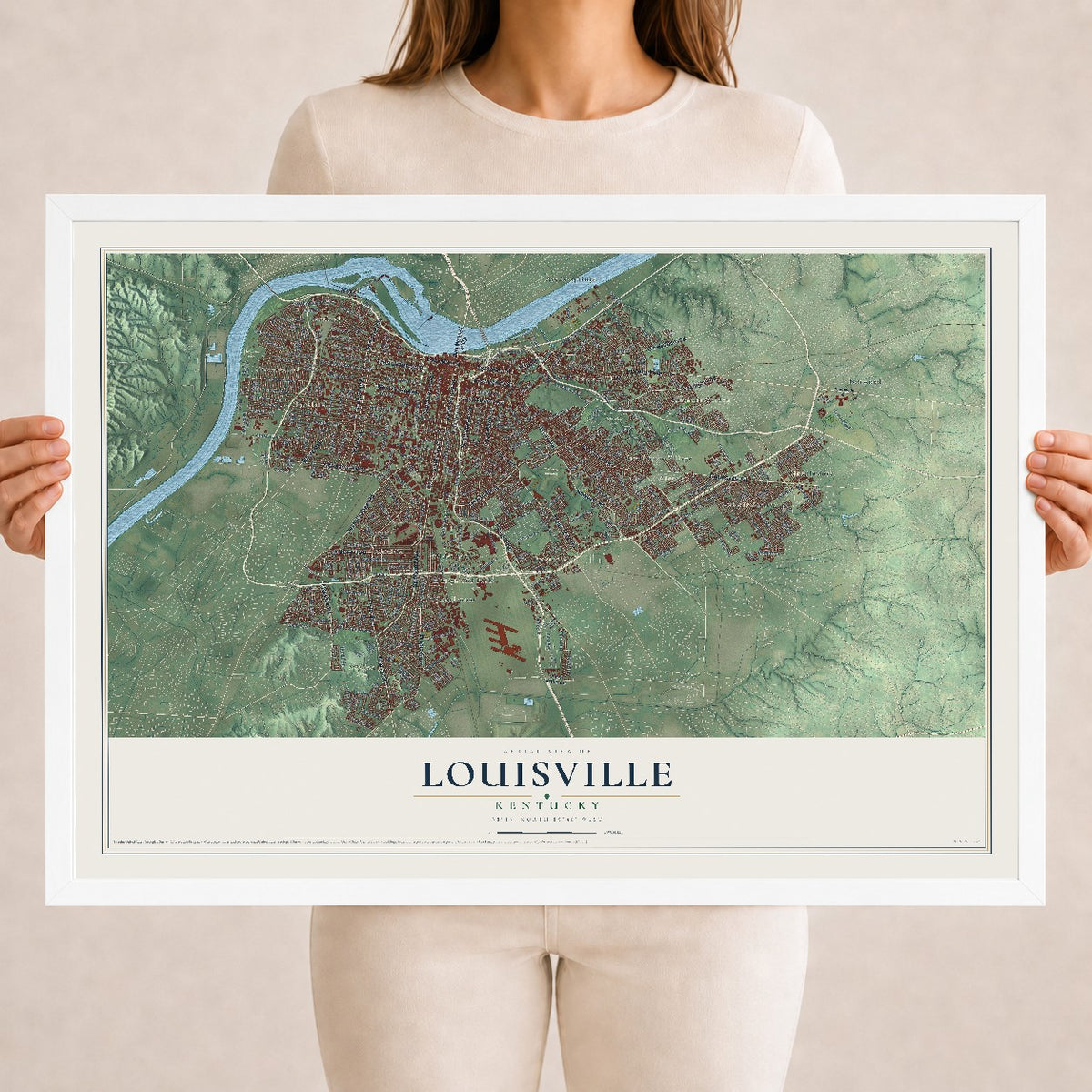Map of Louisville, Kentucky, 18 x 24 inch print in a white wood frame