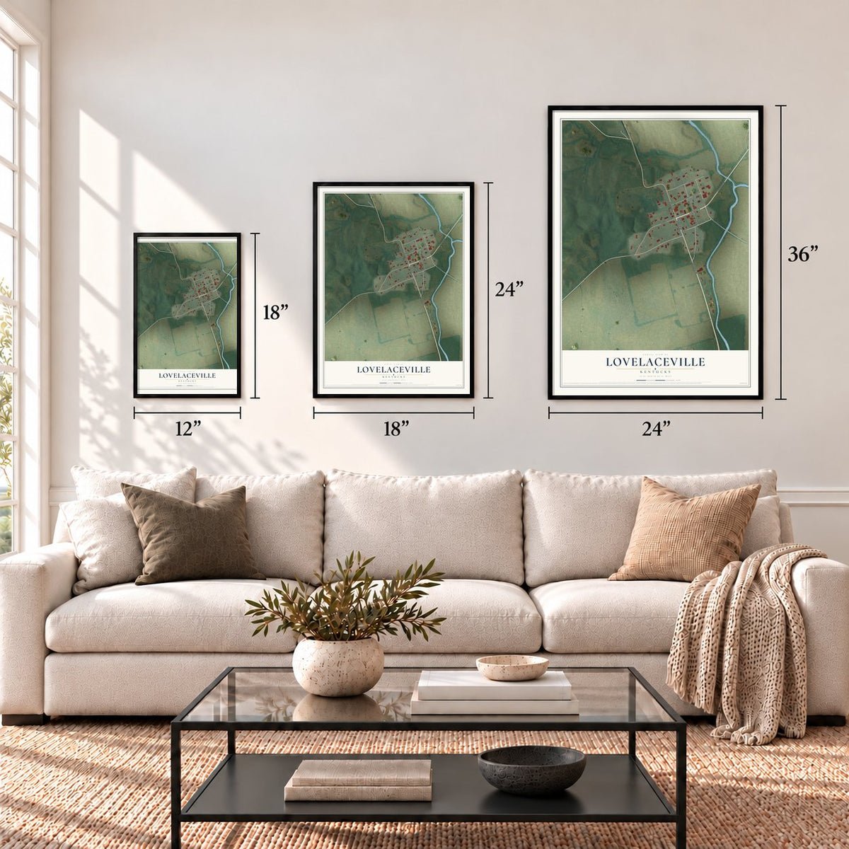 Lovelaceville, Kentucky map in 12 x 18, 18 x 24 and 24 x 36 inch sizes above a sofa