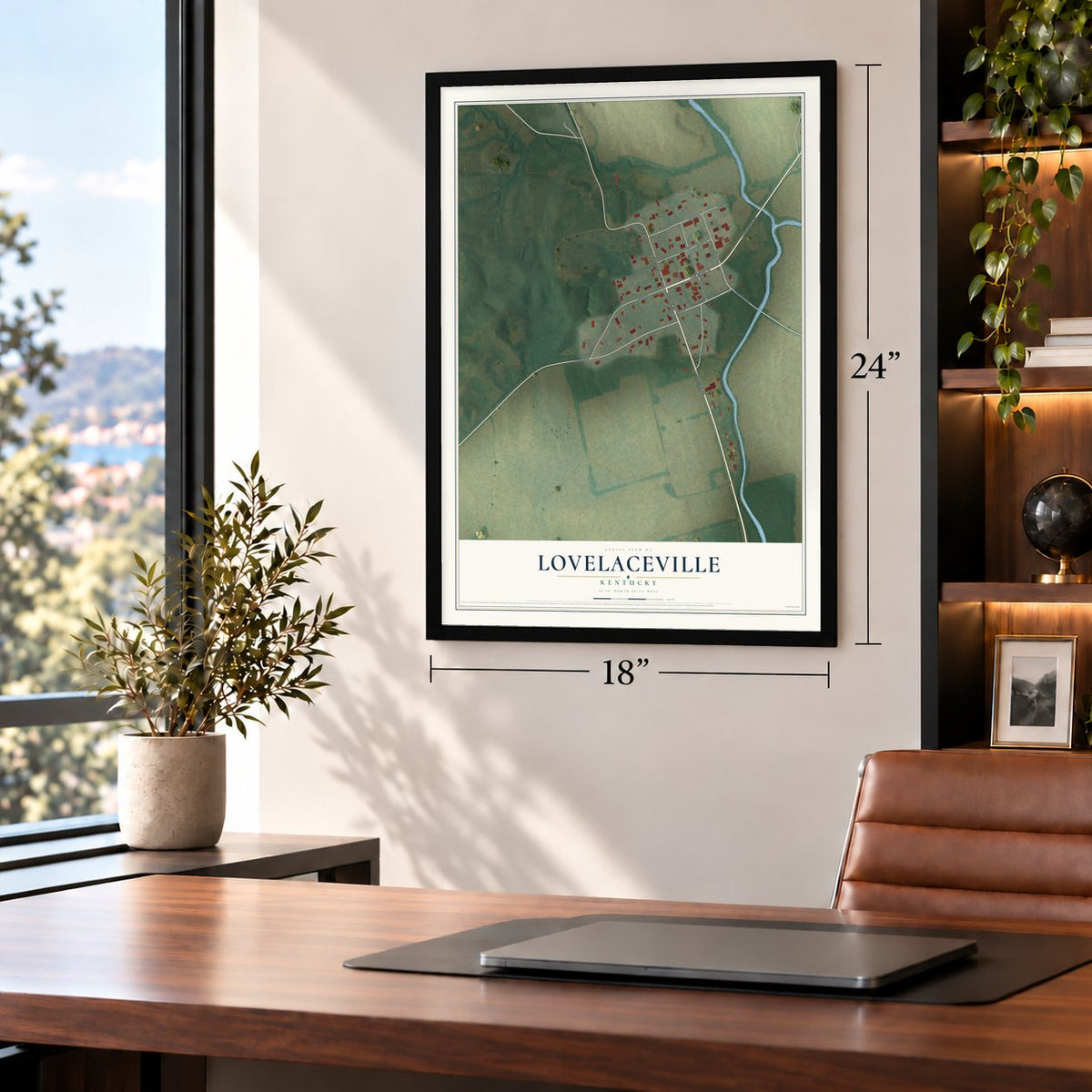 Lovelaceville, Kentucky map, 18 x 24 inch print in a black frame in a home office