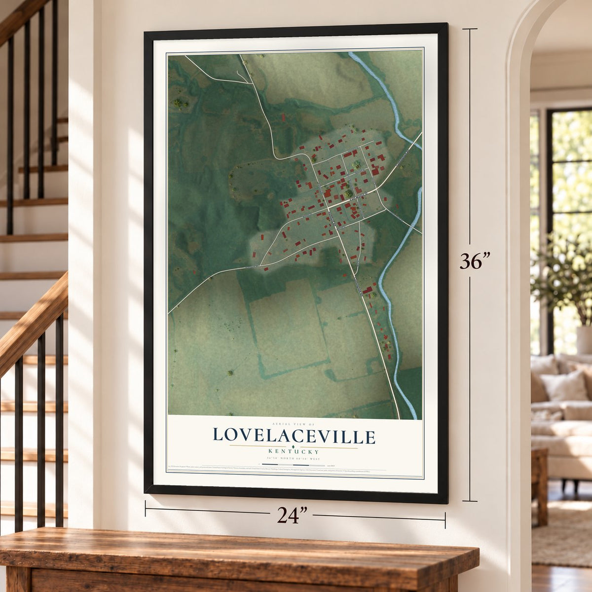 Lovelaceville, Kentucky map, 24 x 36 inch print in a black frame by a staircase