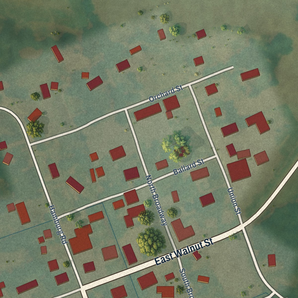 Close-up of the map of Lovelaceville, Kentucky print showing street and building detail