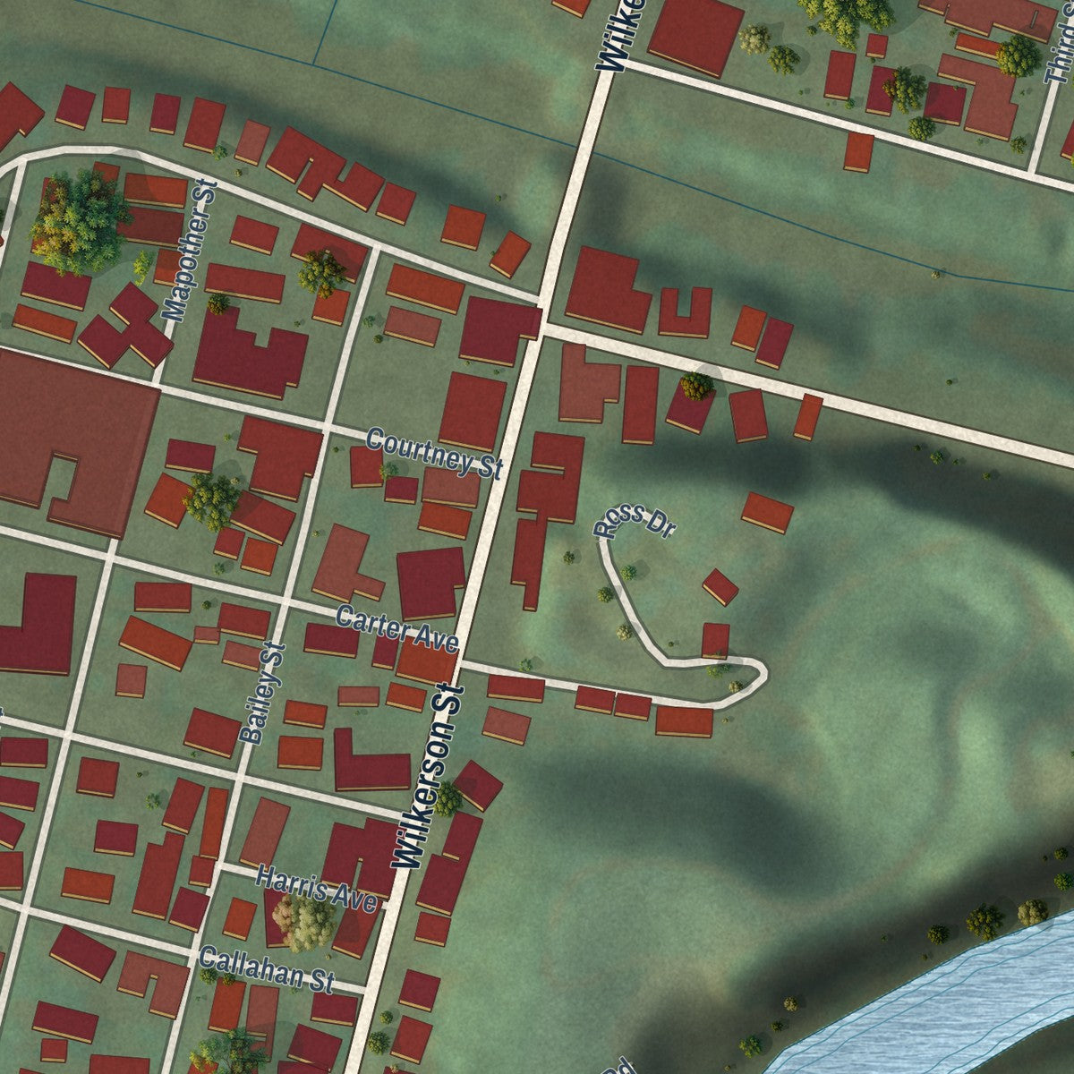 Close-up of the map of Loyall, Kentucky print showing street and building detail