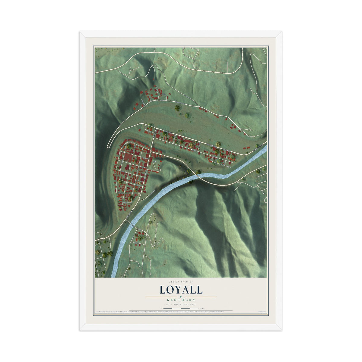 Map of Loyall, Kentucky, 12 x 18 inch print in a white wood frame