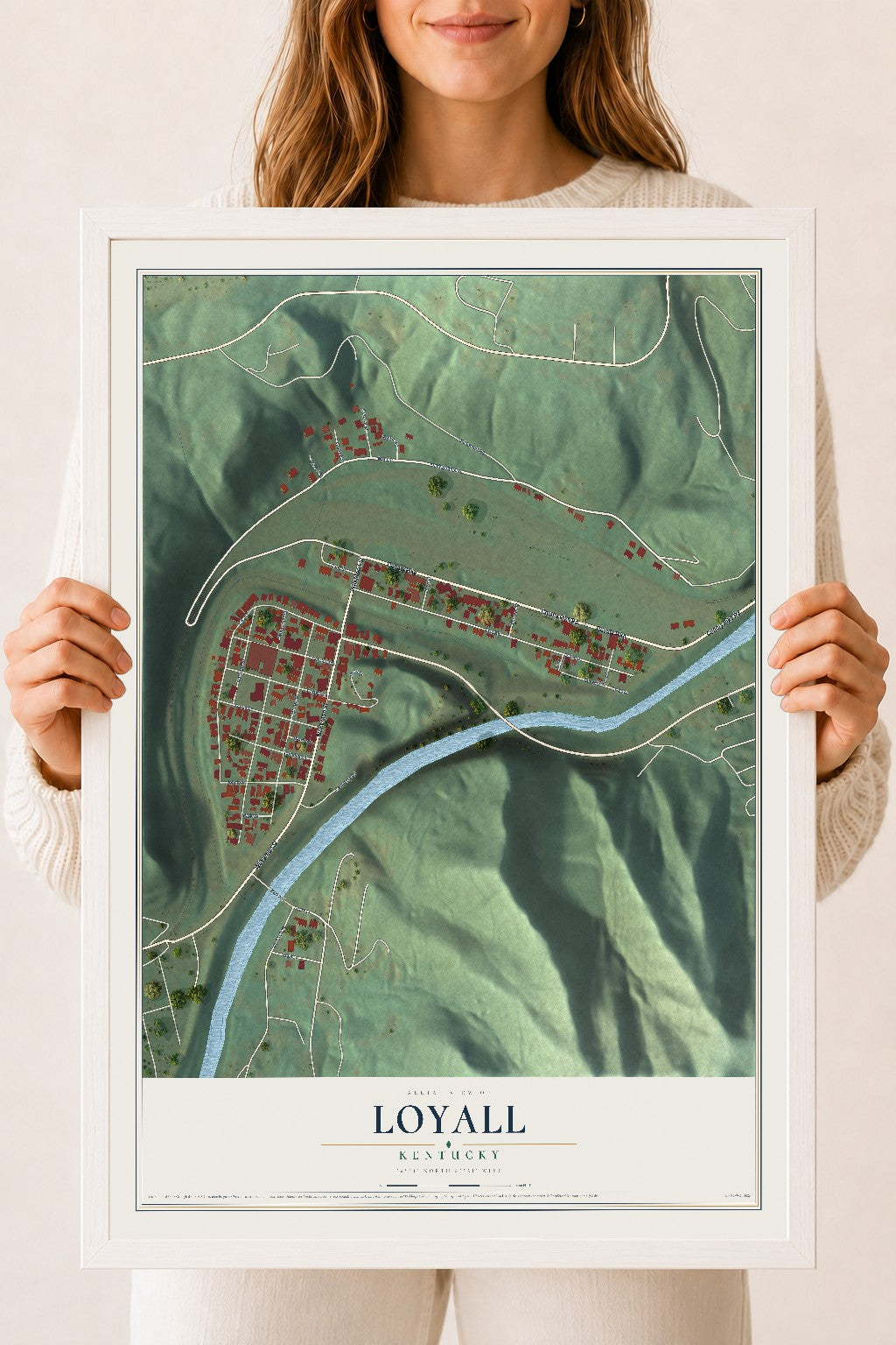 Map of Loyall, Kentucky, 18 x 24 inch print in a white wood frame