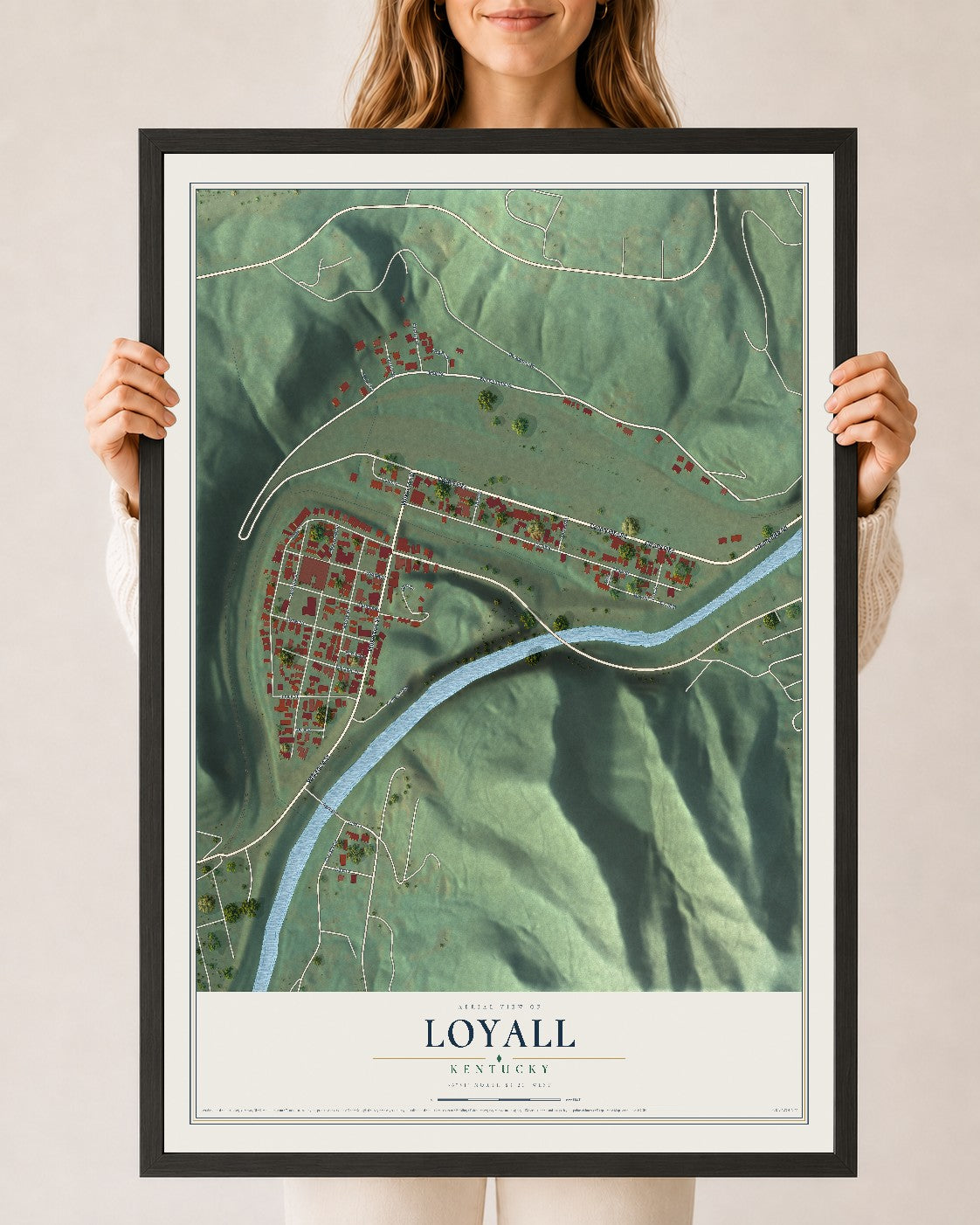 Map of Loyall, Kentucky, 24 x 36 inch print in a black wood frame