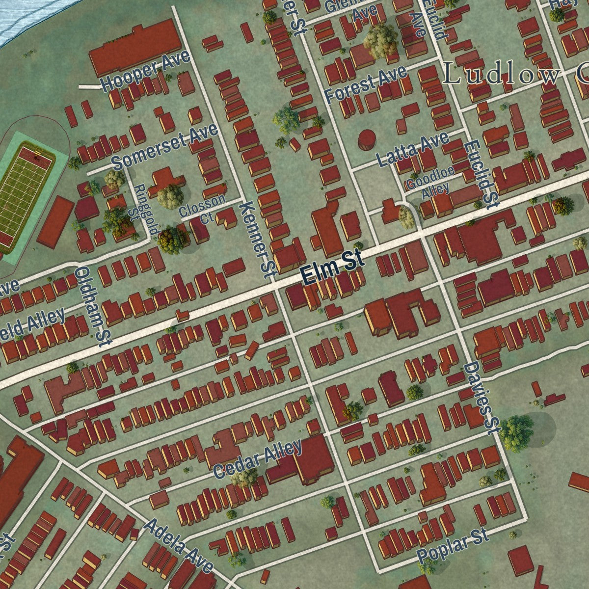 Close-up of the map of Ludlow, Kentucky print showing street and building detail
