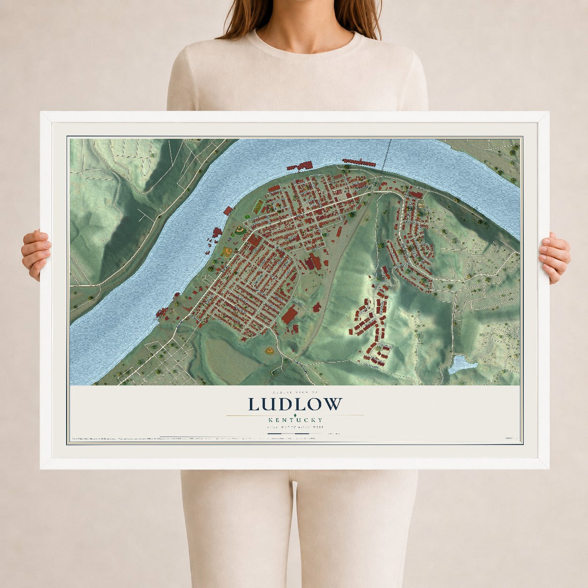 Map of Ludlow, Kentucky, 24 x 36 inch print in a white wood frame