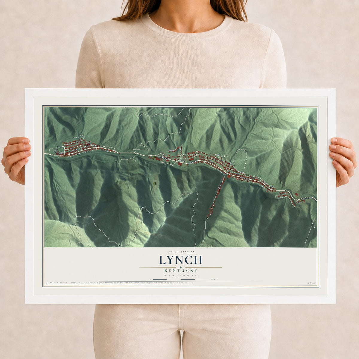 Map of Lynch, Kentucky, 12 x 18 inch print in a white wood frame