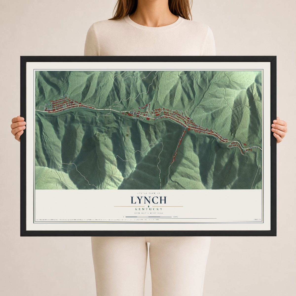 Map of Lynch, Kentucky, 24 x 36 inch print in a black wood frame