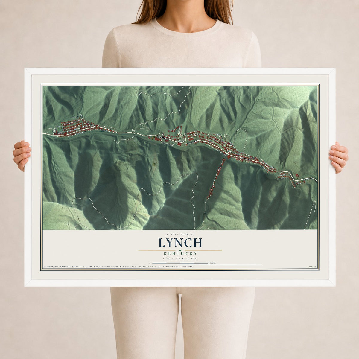 Map of Lynch, Kentucky, 24 x 36 inch print in a white wood frame