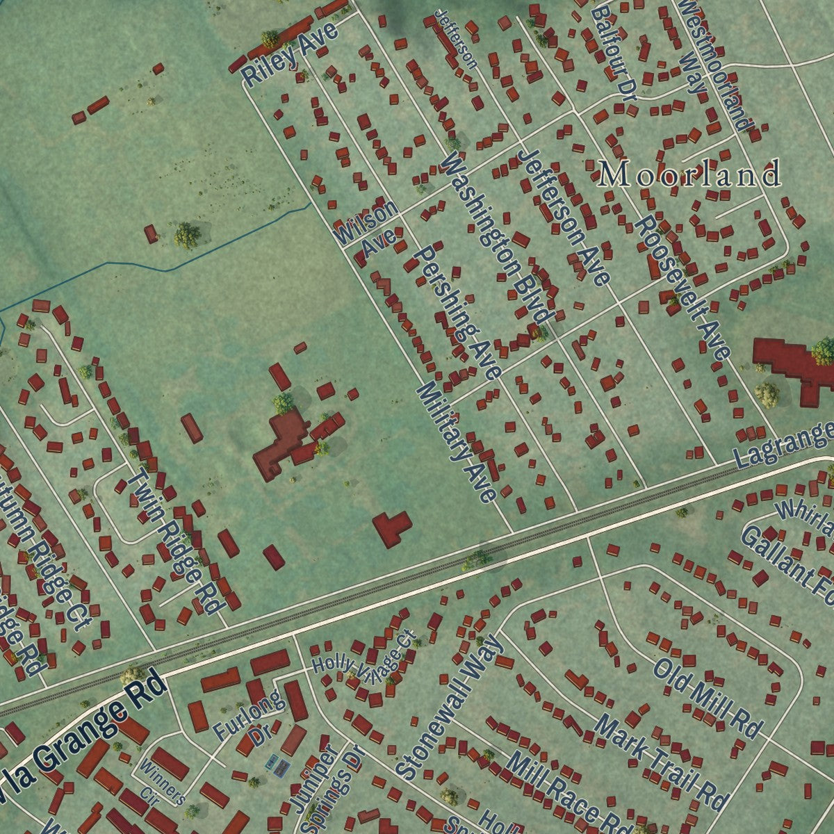 Close-up of the map of Lyndon, Kentucky print showing street and building detail