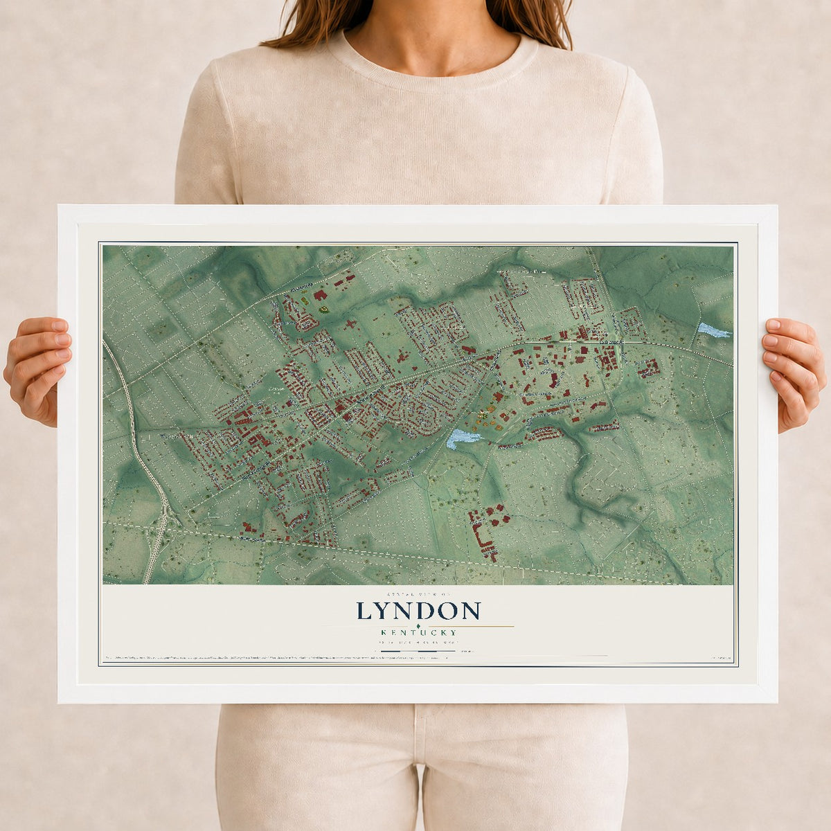 Map of Lyndon, Kentucky, 12 x 18 inch print in a white wood frame