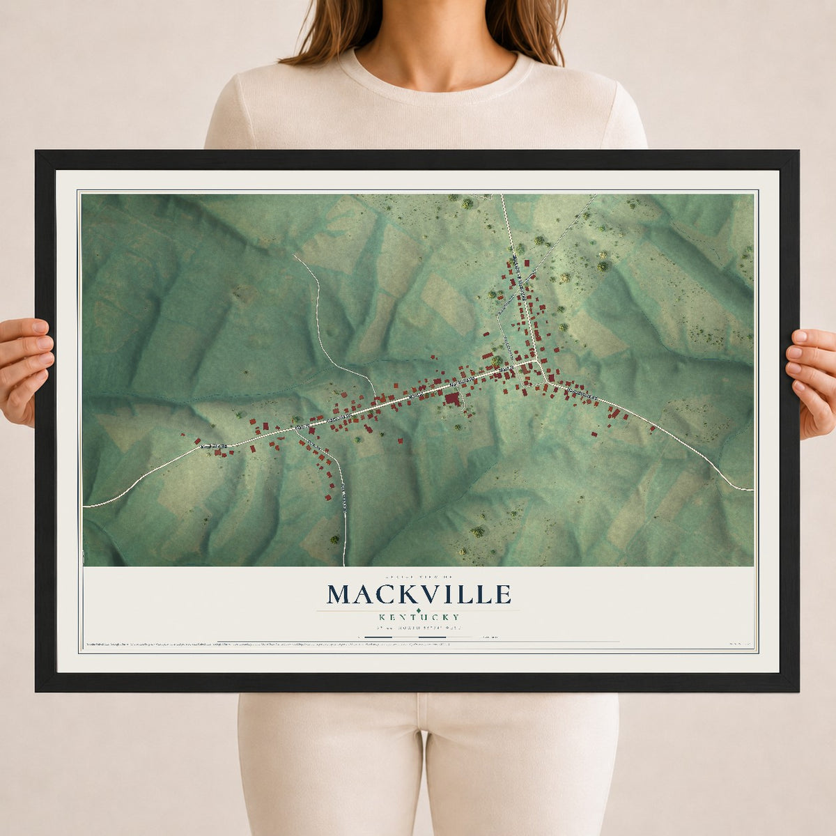 Map of Mackville, Kentucky, 18 x 24 inch print in a black wood frame