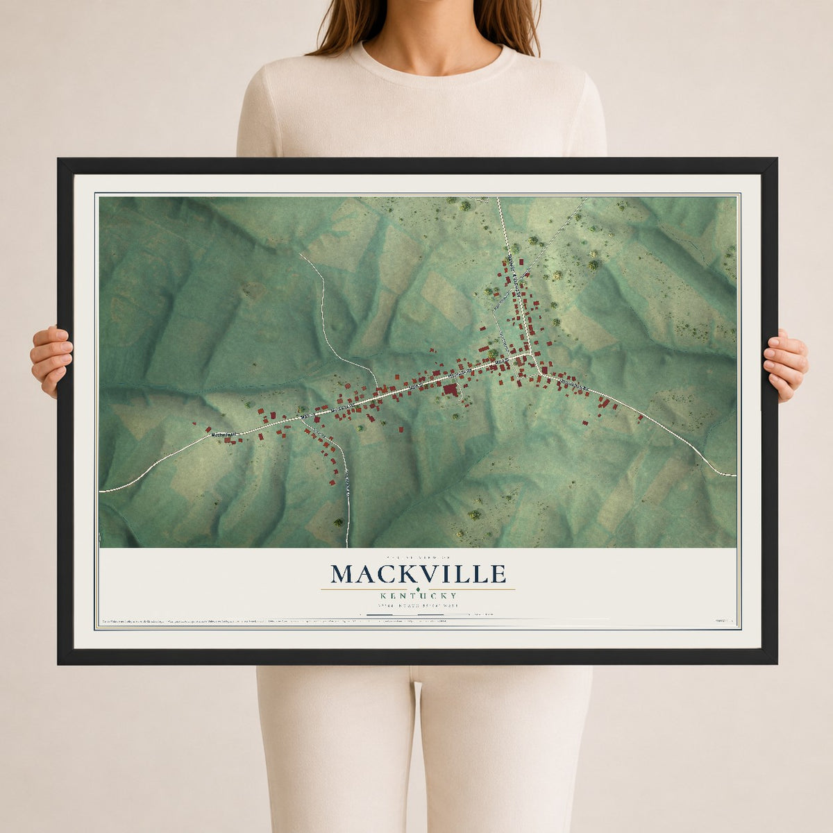 Map of Mackville, Kentucky, 24 x 36 inch print in a black wood frame