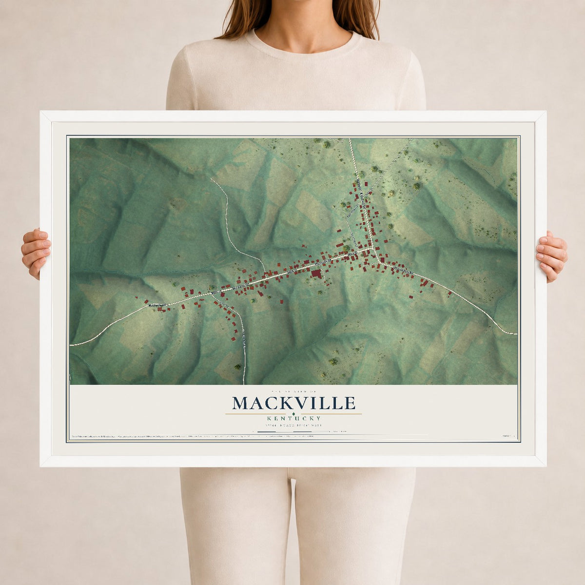 Map of Mackville, Kentucky, 24 x 36 inch print in a white wood frame