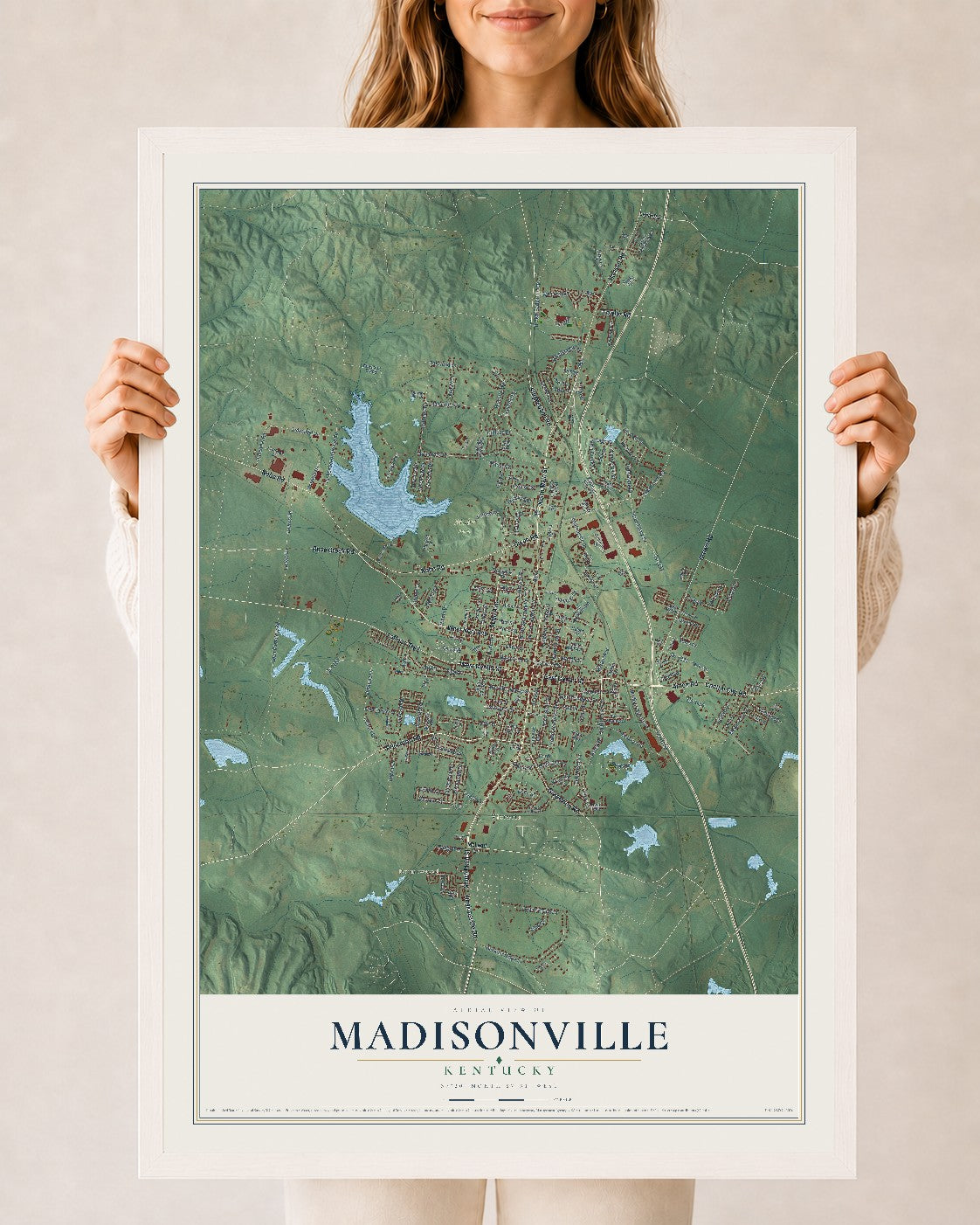 Map of Madisonville, Kentucky, 24 x 36 inch print in a white wood frame