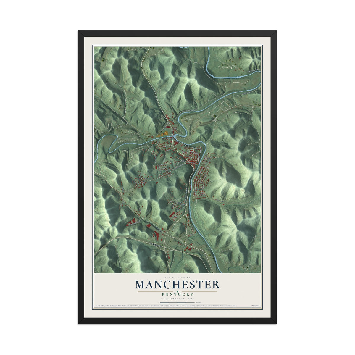 Map of Manchester, Kentucky, 12 x 18 inch print in a black wood frame