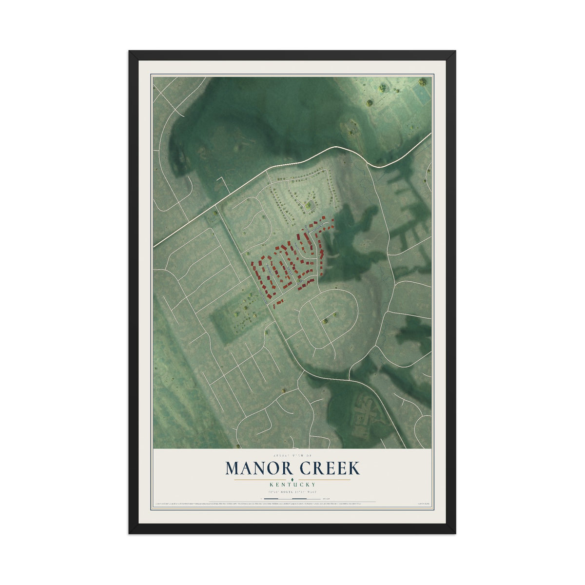 Map of Manor Creek, Kentucky, 12 x 18 inch print in a black wood frame