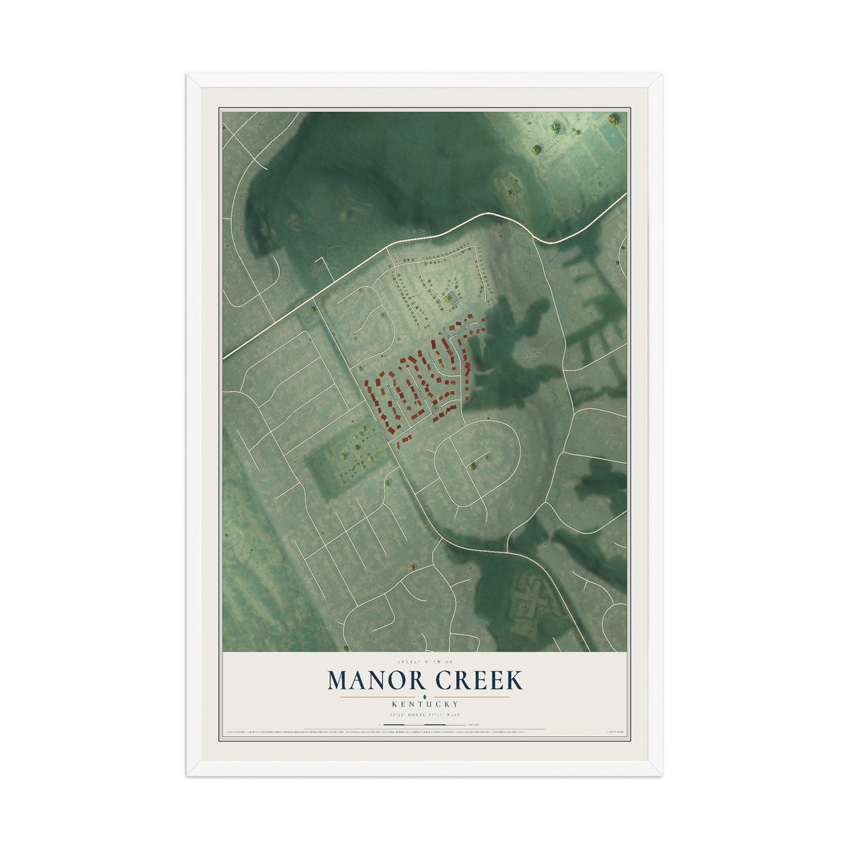 Map of Manor Creek, Kentucky, 12 x 18 inch print in a white wood frame