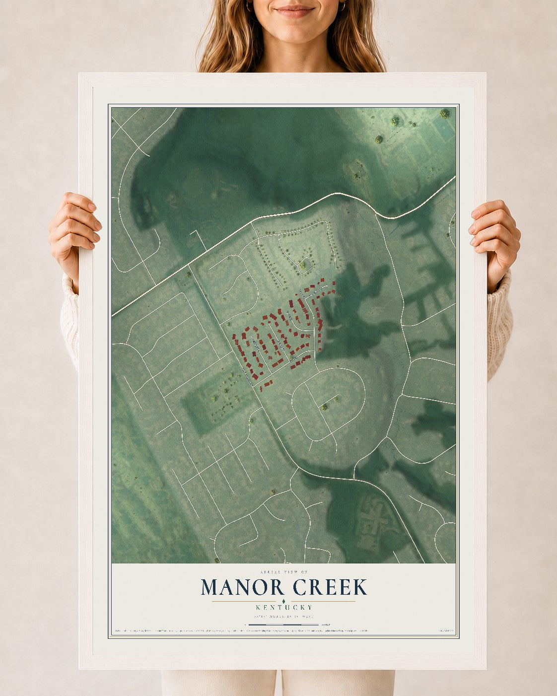 Map of Manor Creek, Kentucky, 24 x 36 inch print in a white wood frame