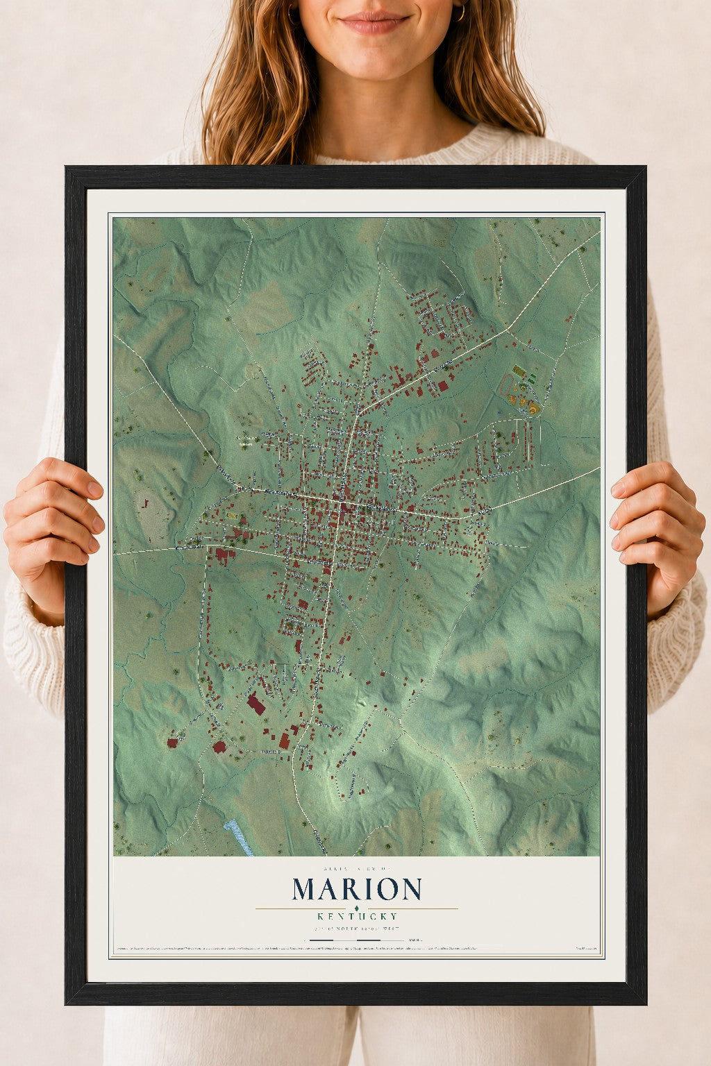 Map of Marion, Kentucky, 18 x 24 inch print in a black wood frame