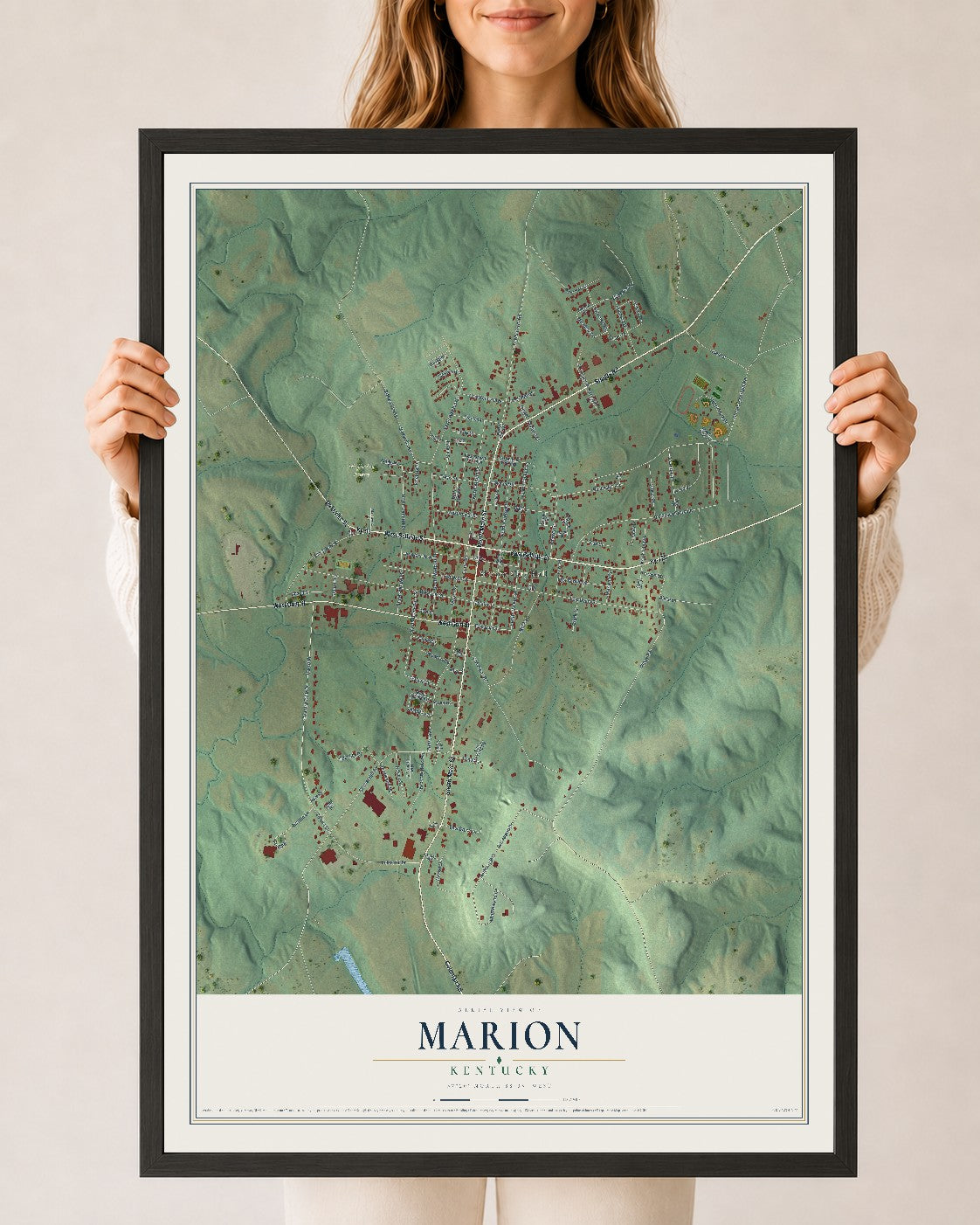 Map of Marion, Kentucky, 24 x 36 inch print in a black wood frame