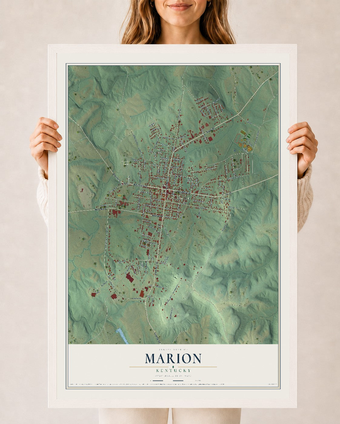 Map of Marion, Kentucky, 24 x 36 inch print in a white wood frame
