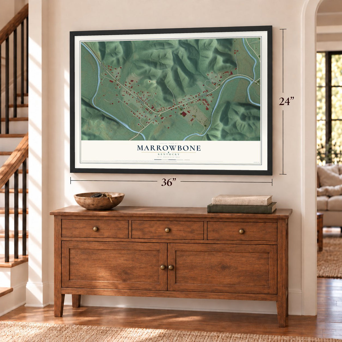 Marrowbone, Kentucky map, 24 x 36 inch print in a black frame above a dresser by a staircase