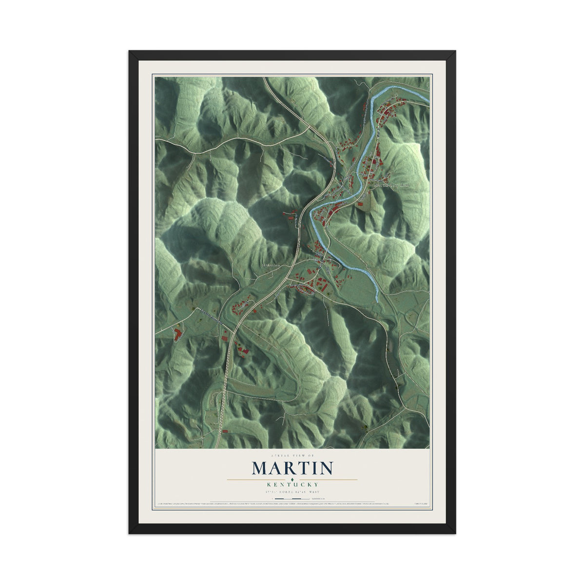 Map of Martin, Kentucky, 12 x 18 inch print in a black wood frame