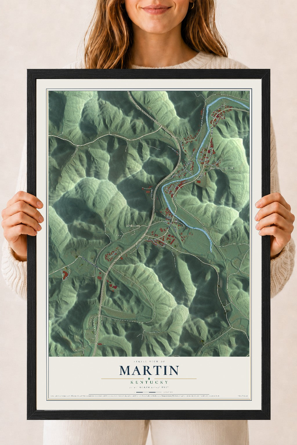 Map of Martin, Kentucky, 18 x 24 inch print in a black wood frame