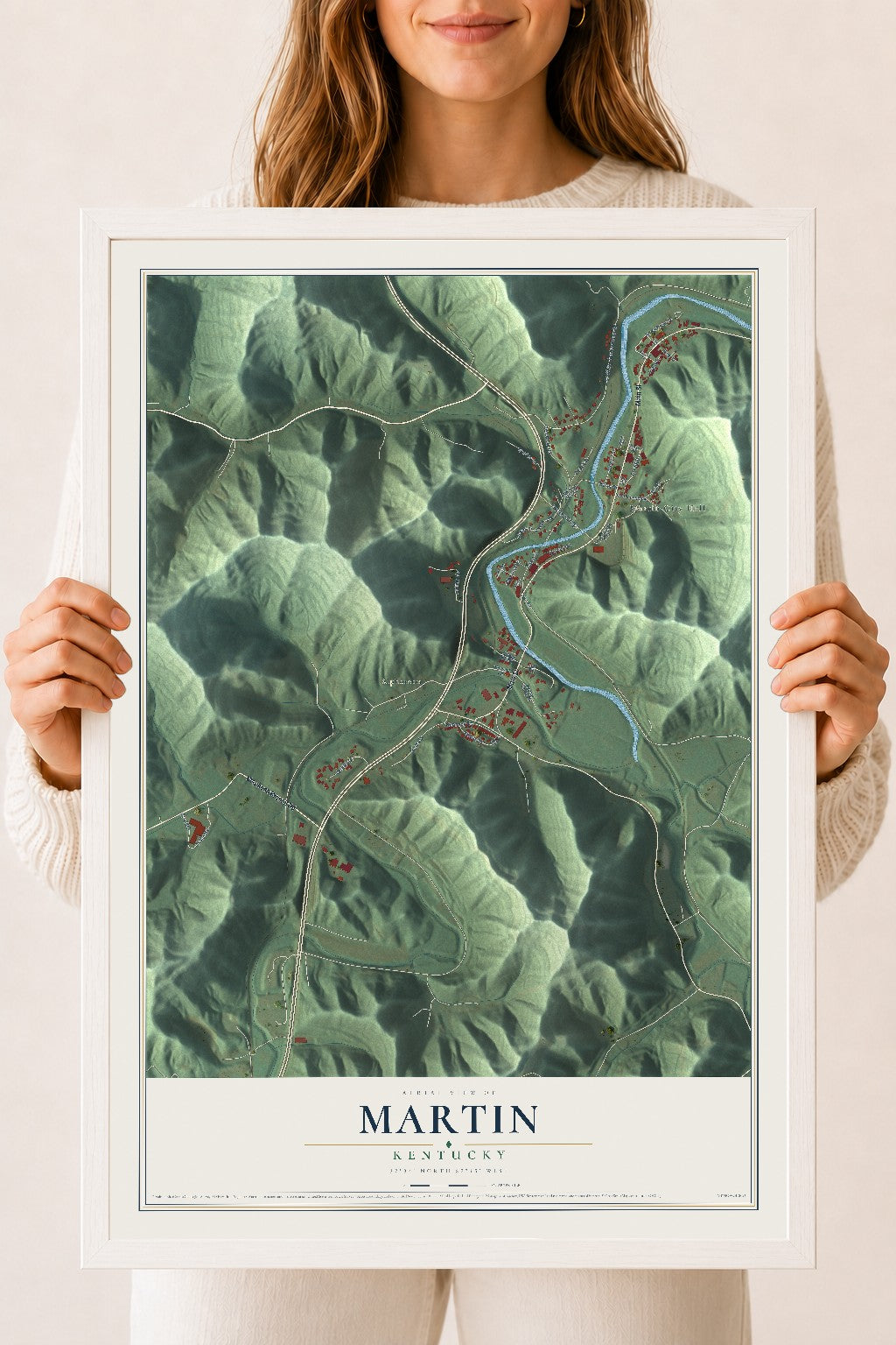 Map of Martin, Kentucky, 18 x 24 inch print in a white wood frame