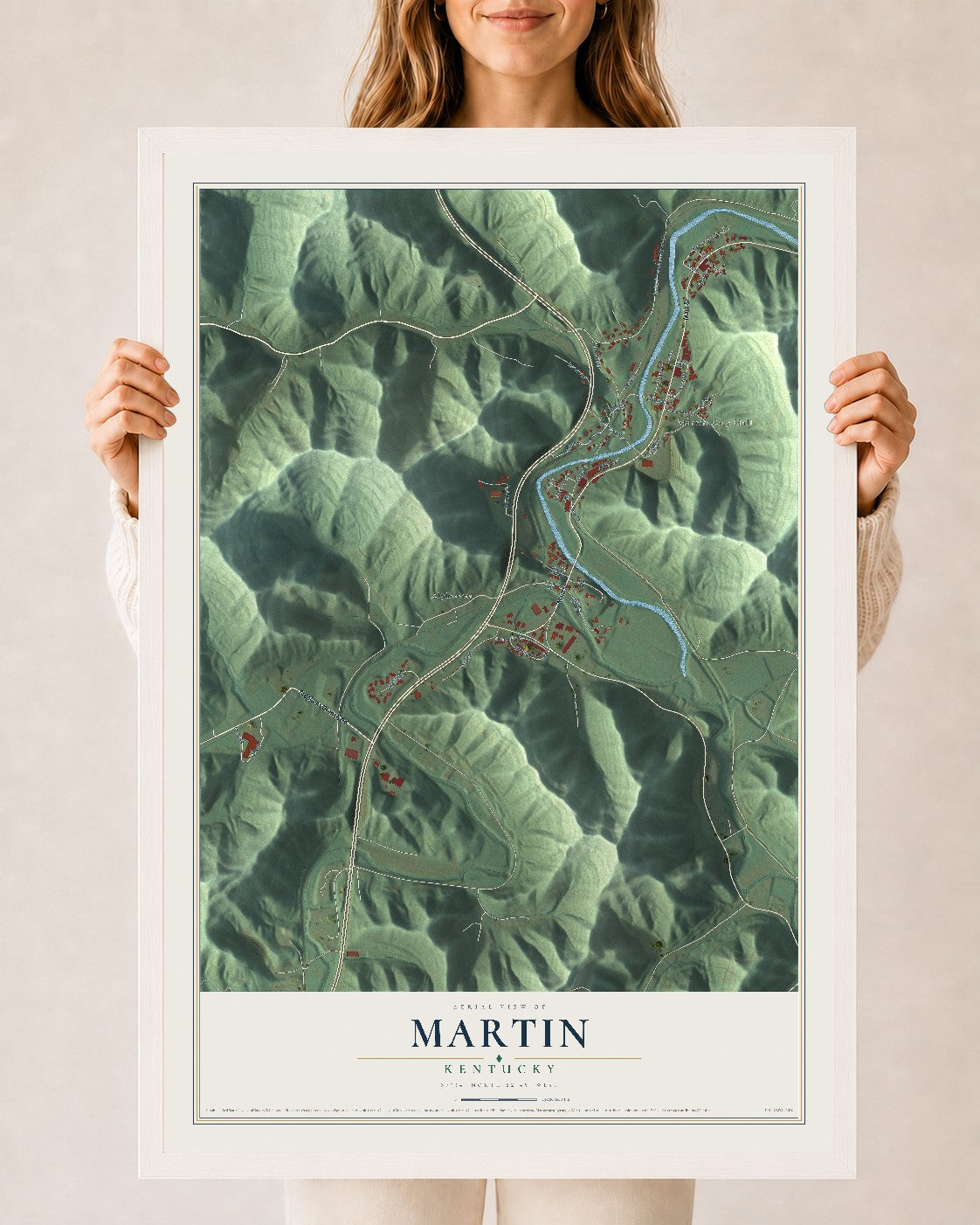 Map of Martin, Kentucky, 24 x 36 inch print in a white wood frame