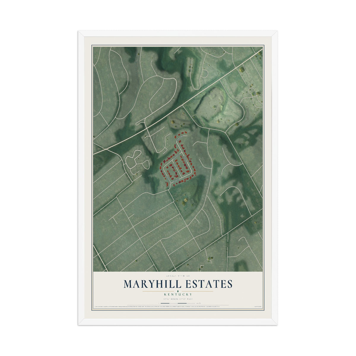 Map of Maryhill Estates, Kentucky, 12 x 18 inch print in a white wood frame