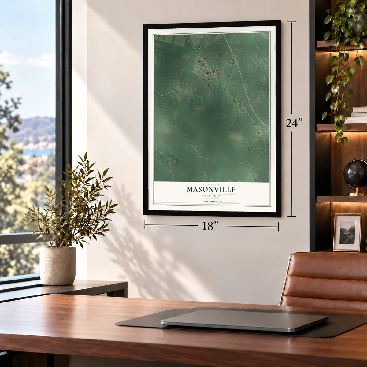 Masonville, Kentucky map, 18 x 24 inch print in a black frame in a home office