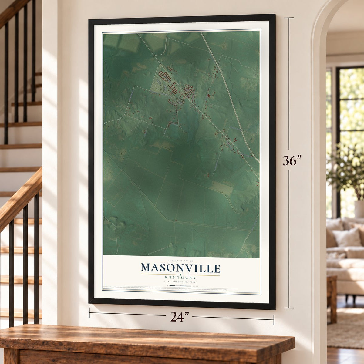 Masonville, Kentucky map, 24 x 36 inch print in a black frame by a staircase