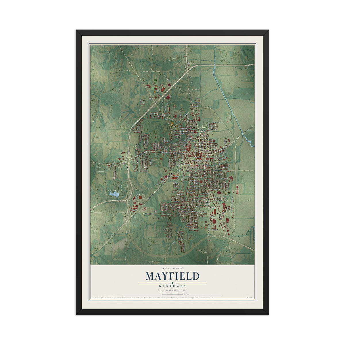 Map of Mayfield, Kentucky, 12 x 18 inch print in a black wood frame