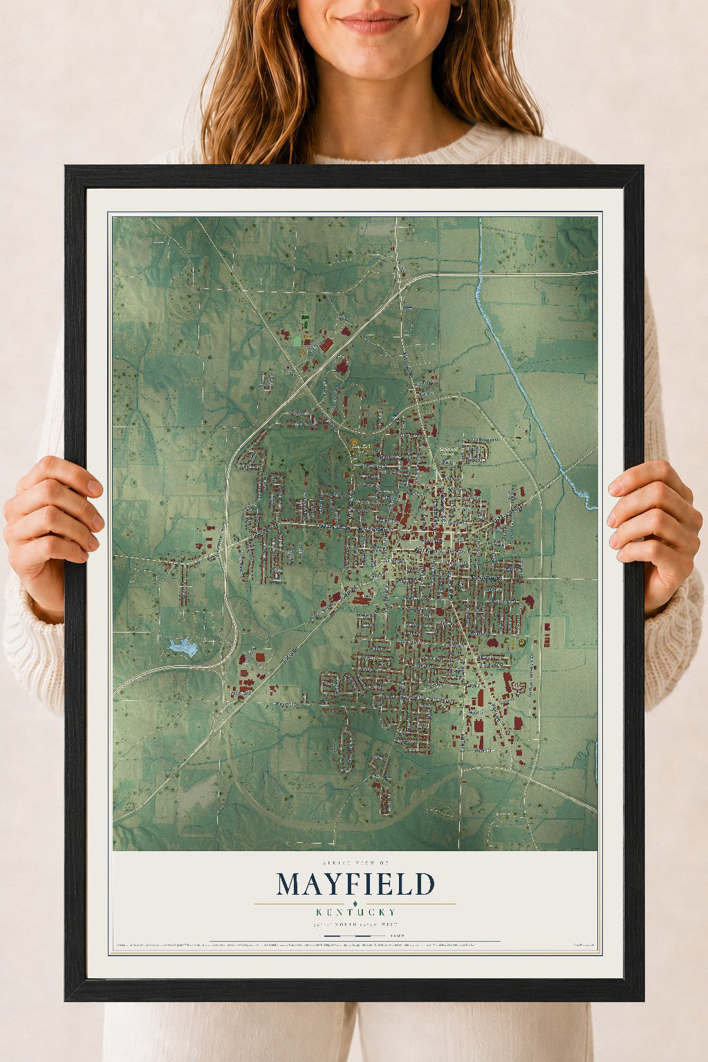 Map of Mayfield, Kentucky, 18 x 24 inch print in a black wood frame