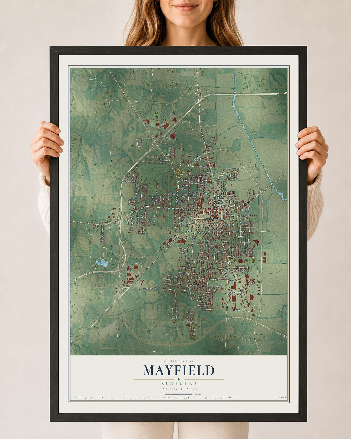 Map of Mayfield, Kentucky, 24 x 36 inch print in a black wood frame