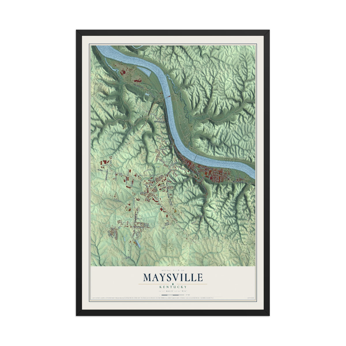 Map of Maysville, Kentucky, 12 x 18 inch print in a black wood frame