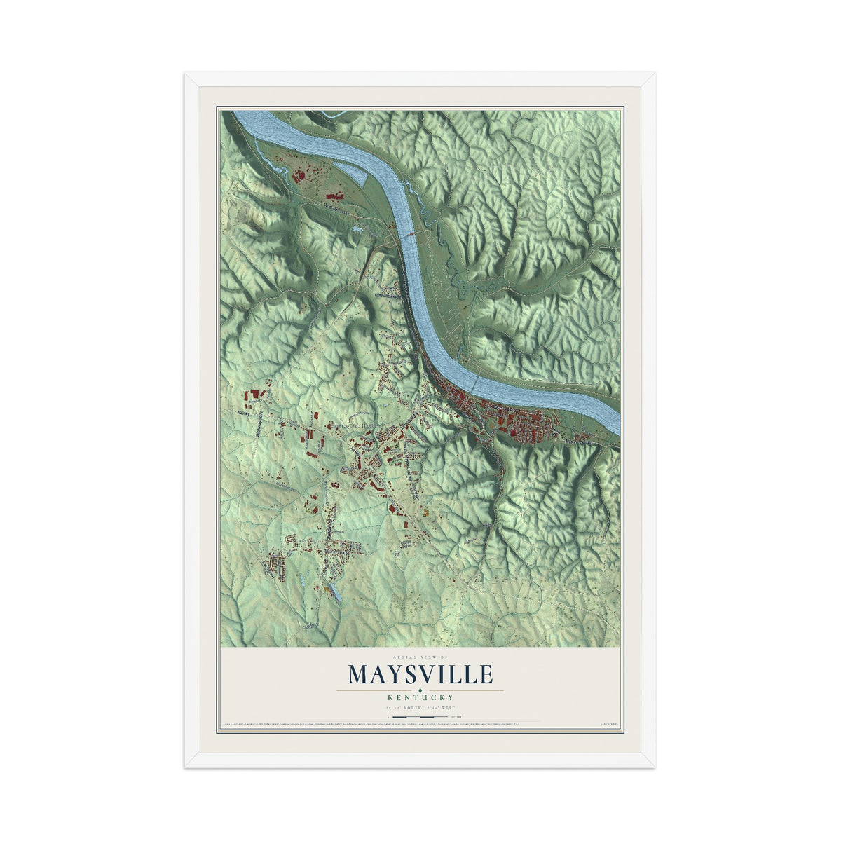Map of Maysville, Kentucky, 12 x 18 inch print in a white wood frame