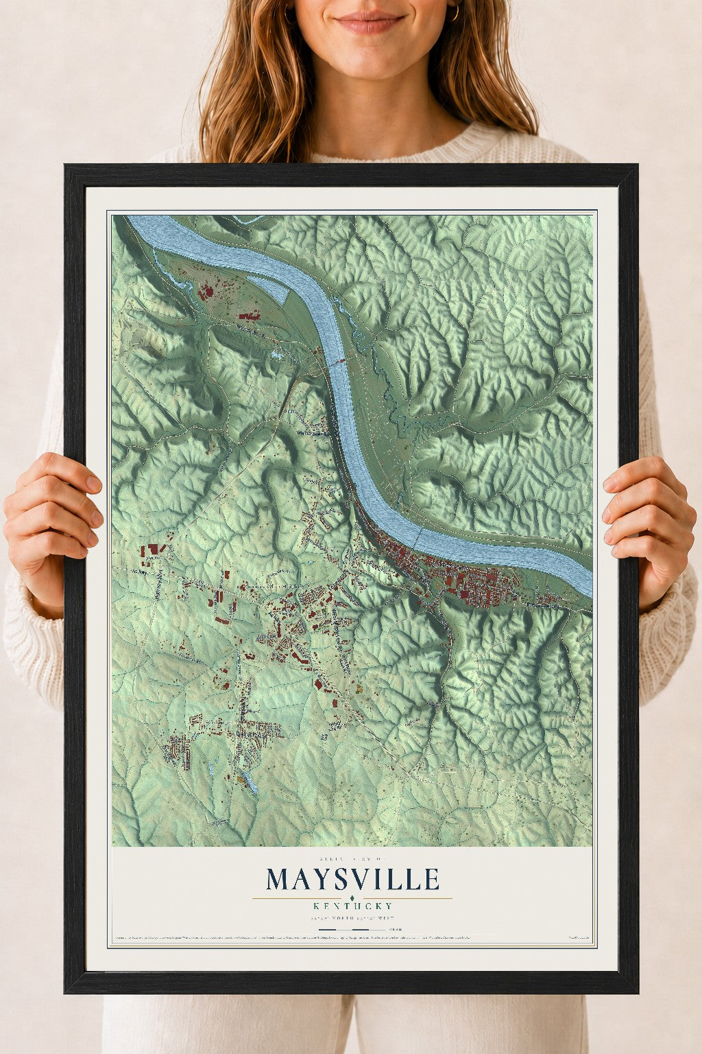 Map of Maysville, Kentucky, 18 x 24 inch print in a black wood frame