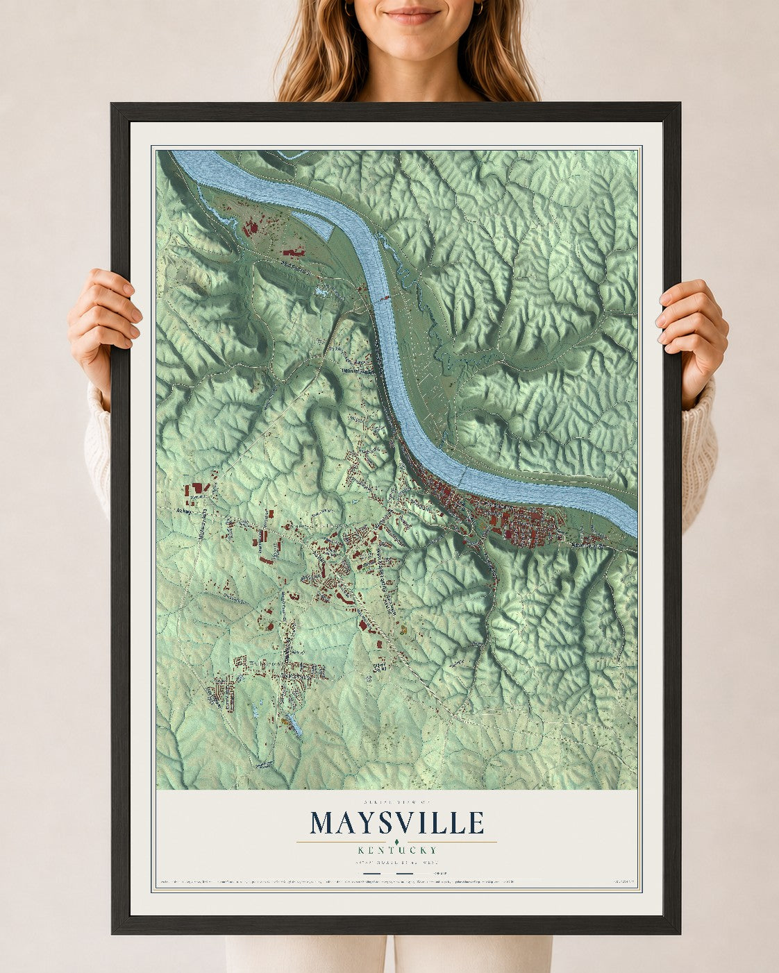 Map of Maysville, Kentucky, 24 x 36 inch print in a black wood frame