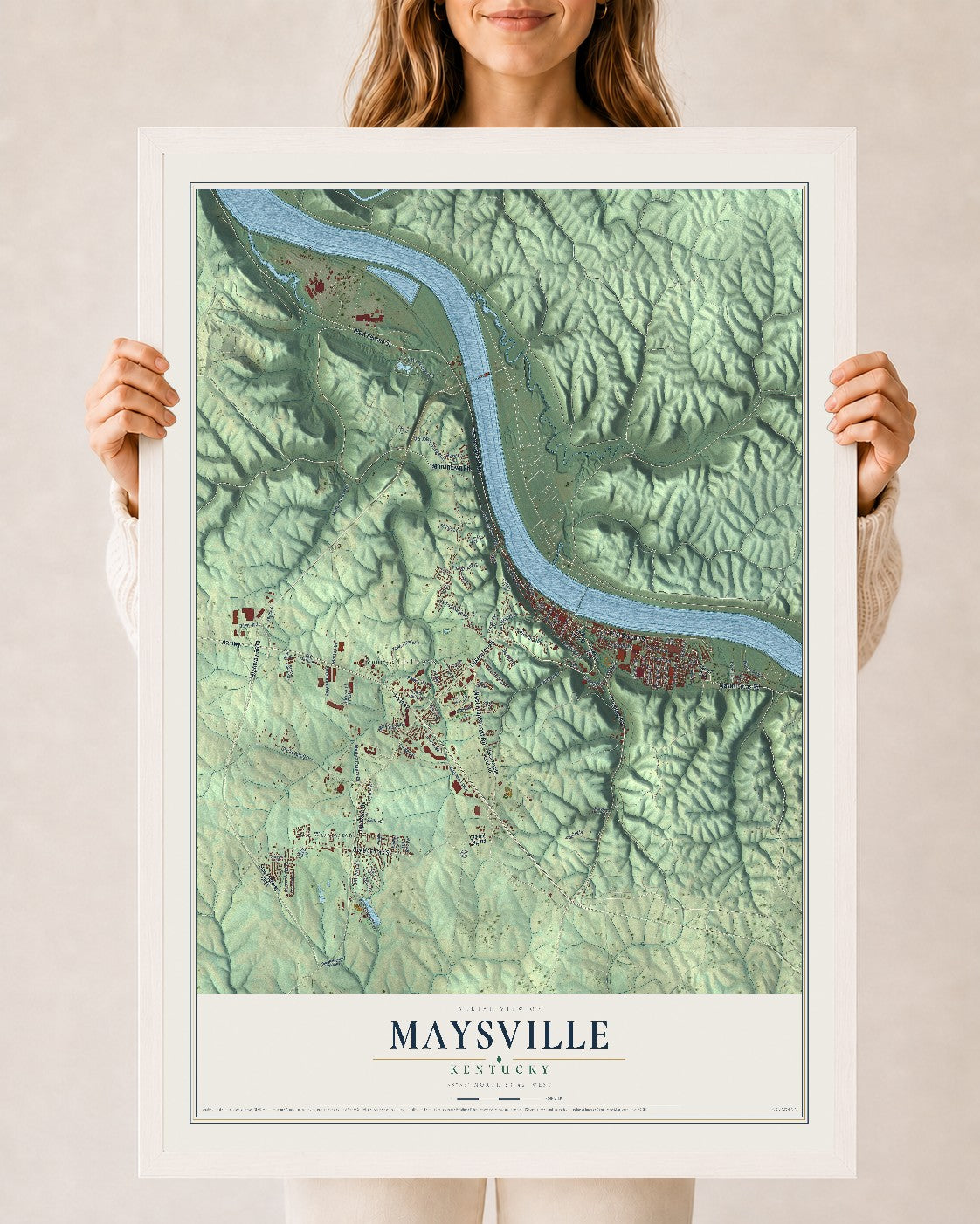 Map of Maysville, Kentucky, 24 x 36 inch print in a white wood frame