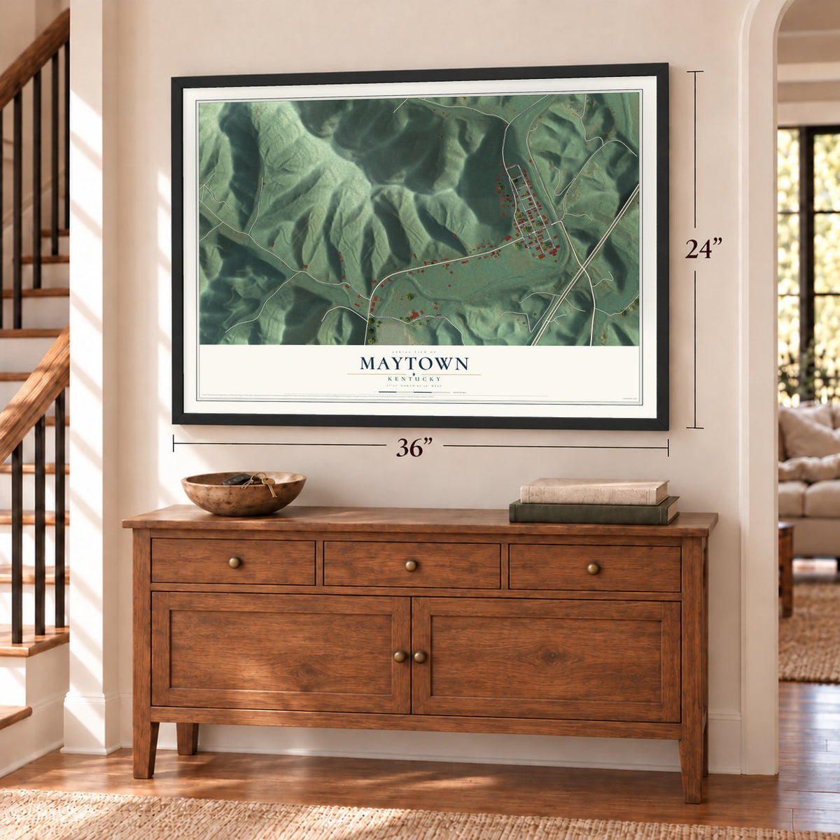 Maytown, Kentucky map, 24 x 36 inch print in a black frame above a dresser by a staircase