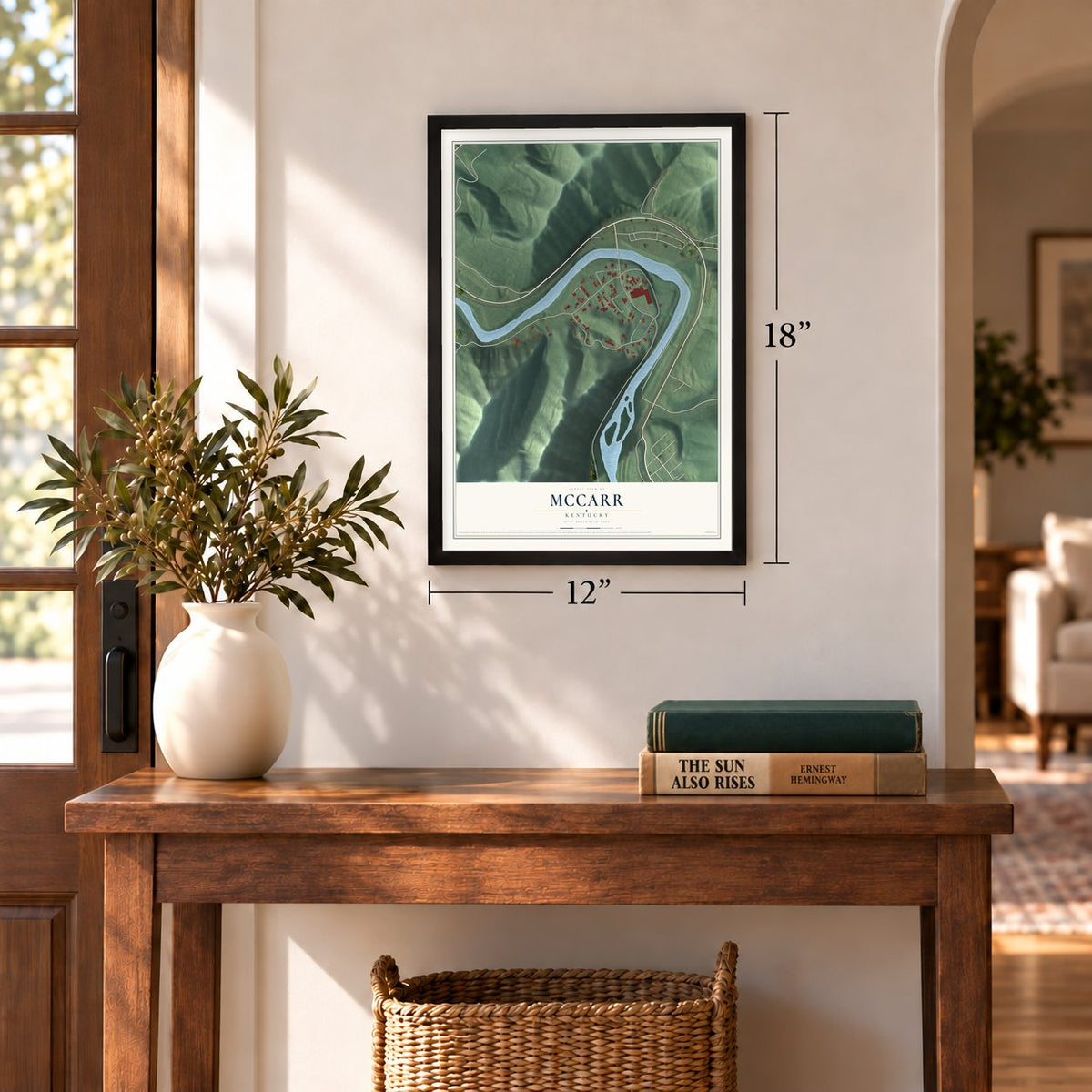McCarr, Kentucky map, 12 x 18 inch print in a black frame in an entryway
