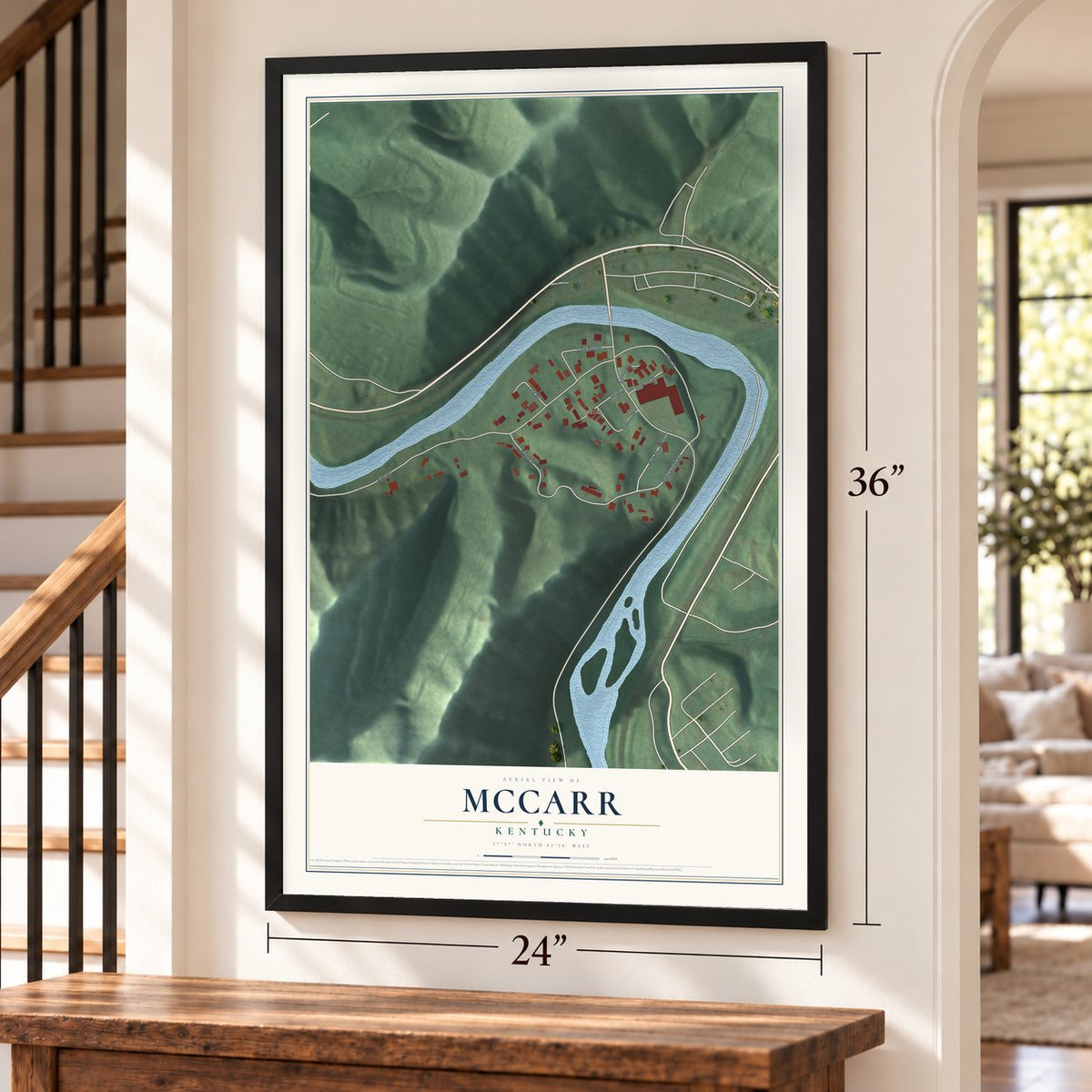 McCarr, Kentucky map, 24 x 36 inch print in a black frame by a staircase
