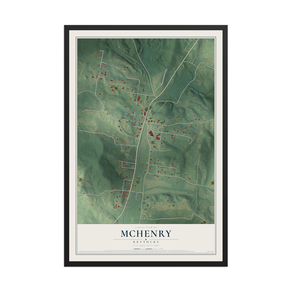 Map of McHenry, Kentucky, 12 x 18 inch print in a black wood frame